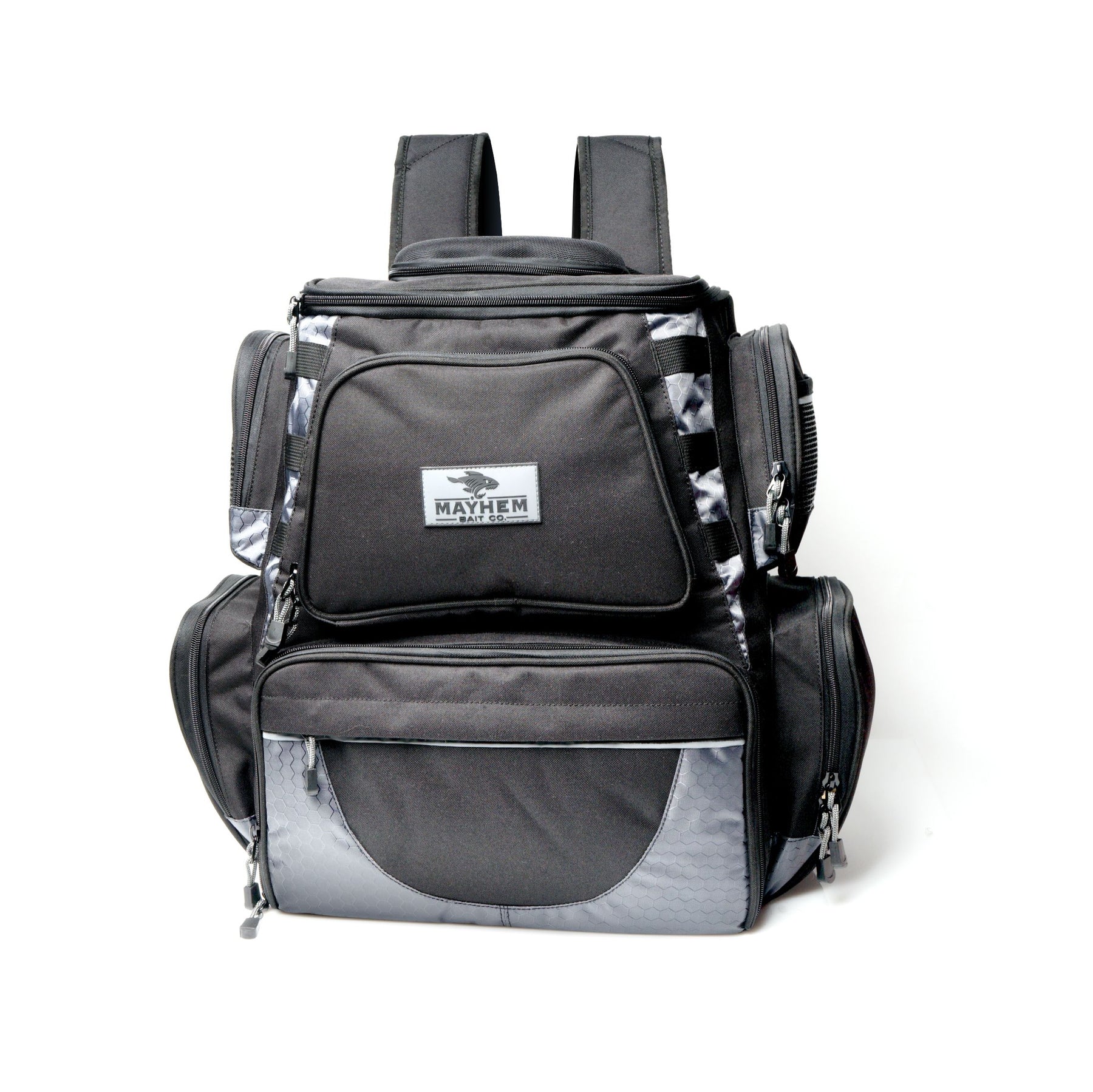 Mayhem Bait Co Fishing Bag Backpack with 4 Large 3700 Tackle Box Organizer Trays Included Plus A Bonus 5 Bags of Premium Soft Plastic Baits & A Tu